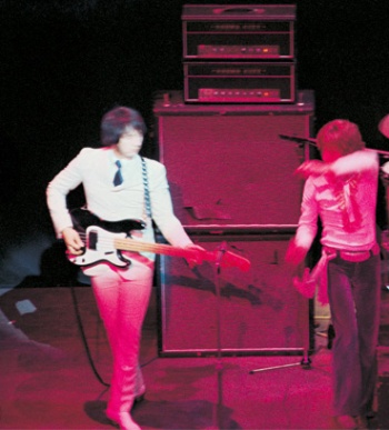 22 Oct. 1967, with black Fender Precision, two modified Sound City L100 amps stacked, and two 1982B (extra tall) Marshall 4×12s.
