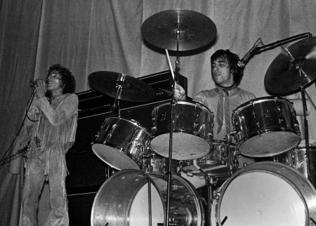 Click to view larger version. First known stage use of Champagne Silver Premier kit: 7 Dec. 1968, Anson Rooms, Bristol University. Courtesy Ted Garland.