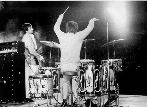 23 Aug. 1967, Atwood Stadium, Flint, Michigan, with rear view of kit and 16×16 floor tom visible at left, among three 16×18 floor toms.