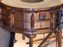 Click to view larger version. Gold Premier kit on display at Grammy Museum, courtesy Lee Harrington. Photo 11 (snare)