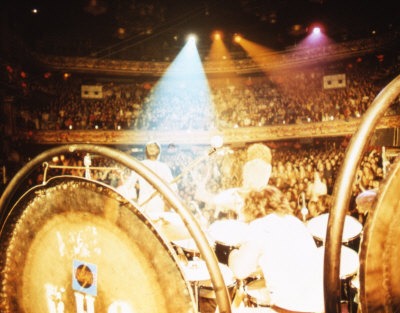 Ca. 1973, view of rear (“Quadrophonic”) PA speaker stacks at back of hall.