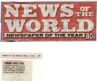 Click to view larger version. News of the World article from May 1, 2005: “Twang goes £20k” Courtesy Clint Nurse.