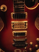 #9 Cherry Sunburst 1975 Gibson Les Paul Deluxe from 1976–79 series, on display at the Hard Rock Hotel, Las Vegas, Nevada. Photo courtesy Lorne Mitchell.